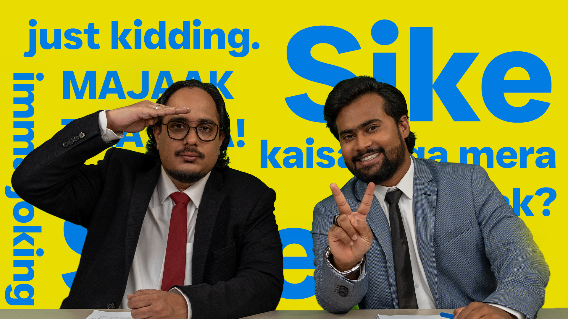 Two men in business suits with yellow background meme